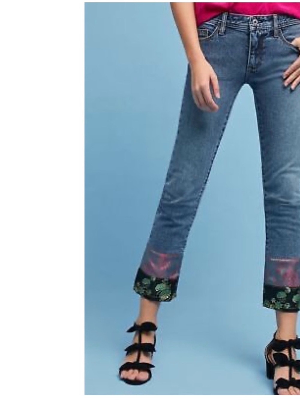 Pilcro Blue Cropped Jeans with Floral Embellished Cuffs